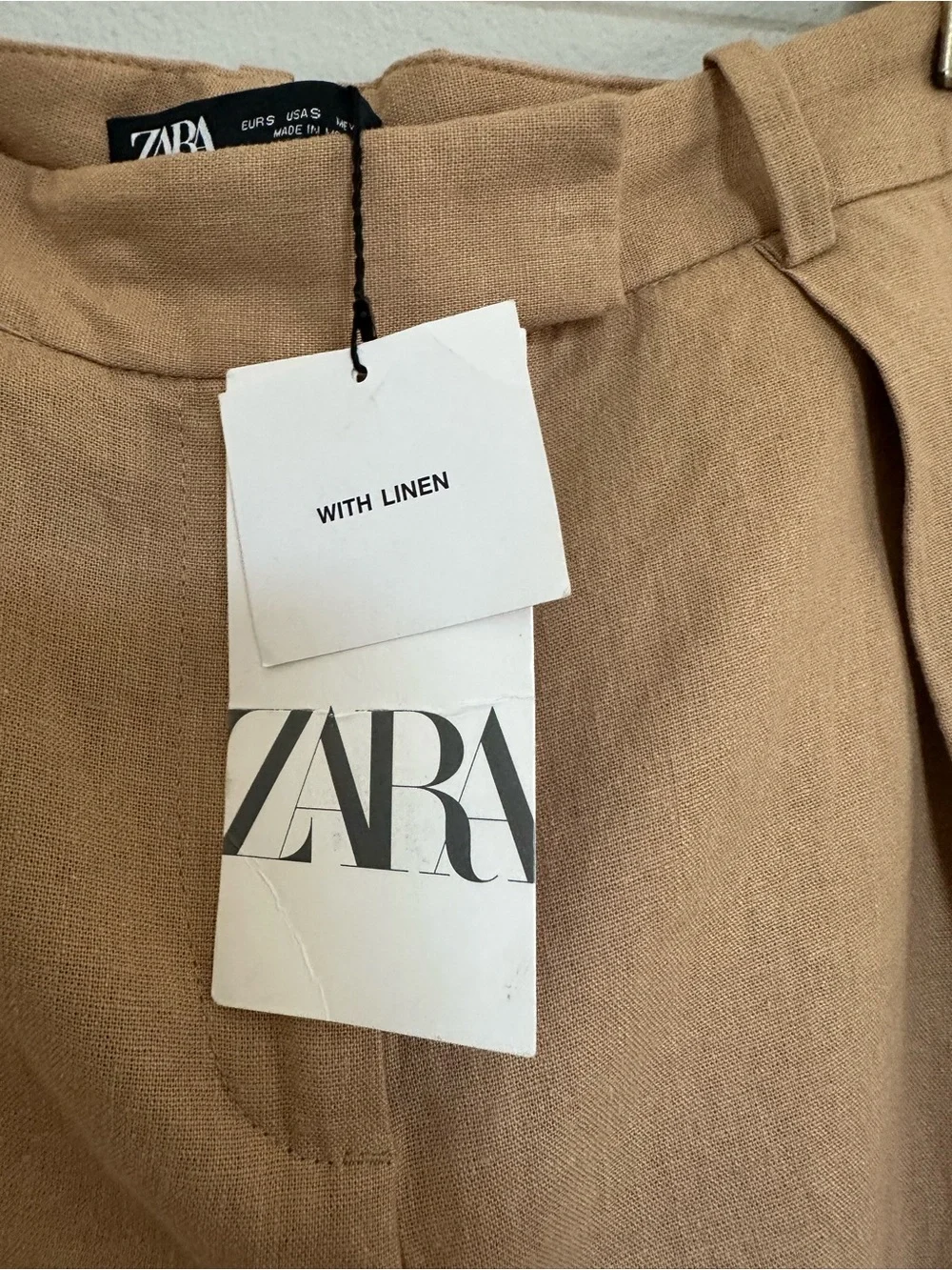Zara Linen Blend Cuffed Tan Trouser Pants size Small